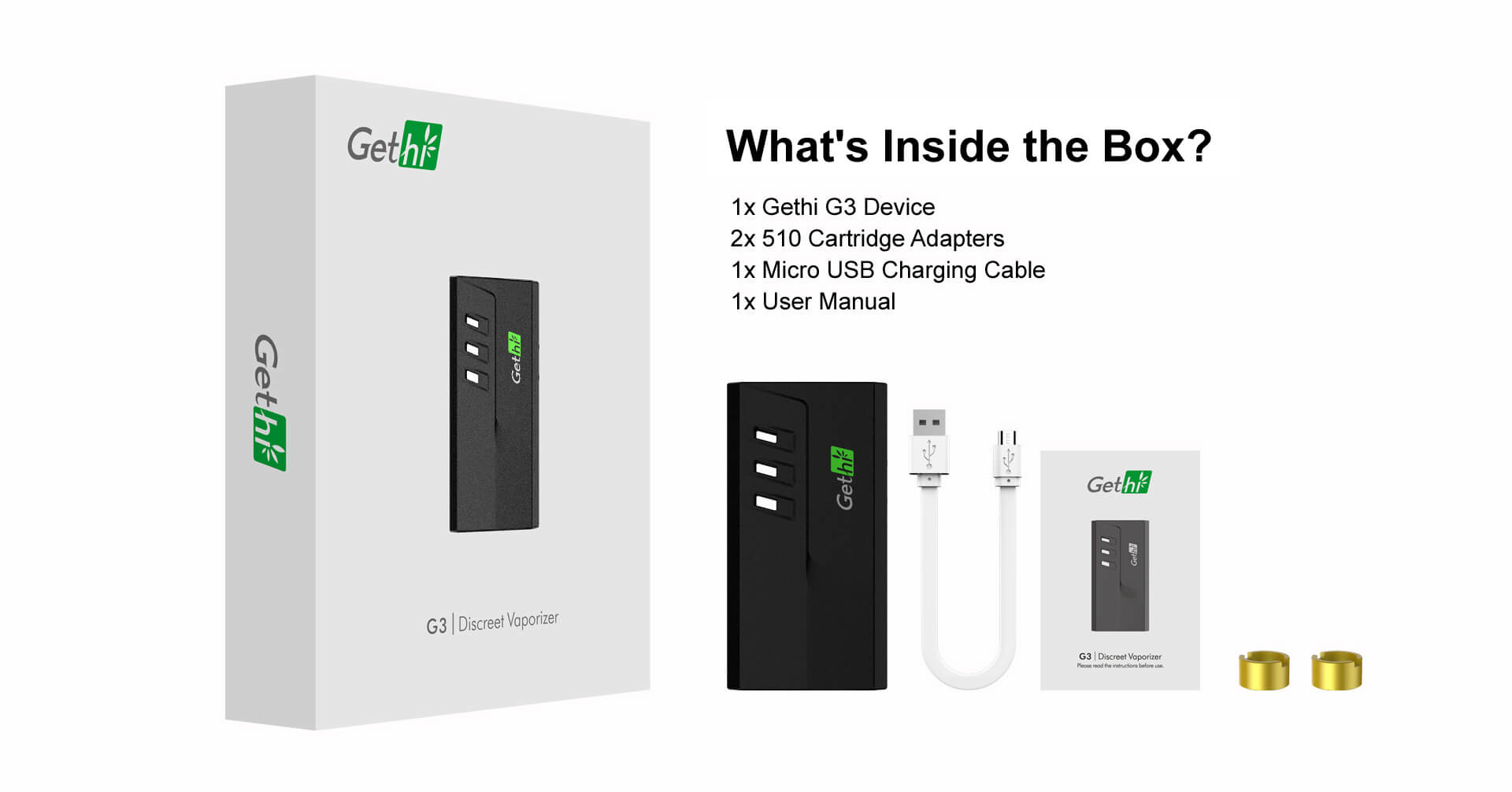 Gethi G3 vaporizer packaging with brand logo and product information
