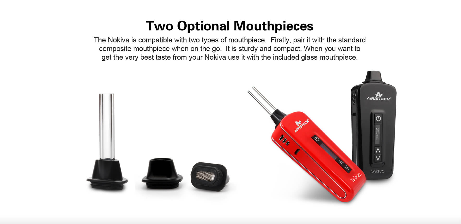 Herbva Nokiva vaporizer accessories including mouthpiece, charger, and cleaning brush 