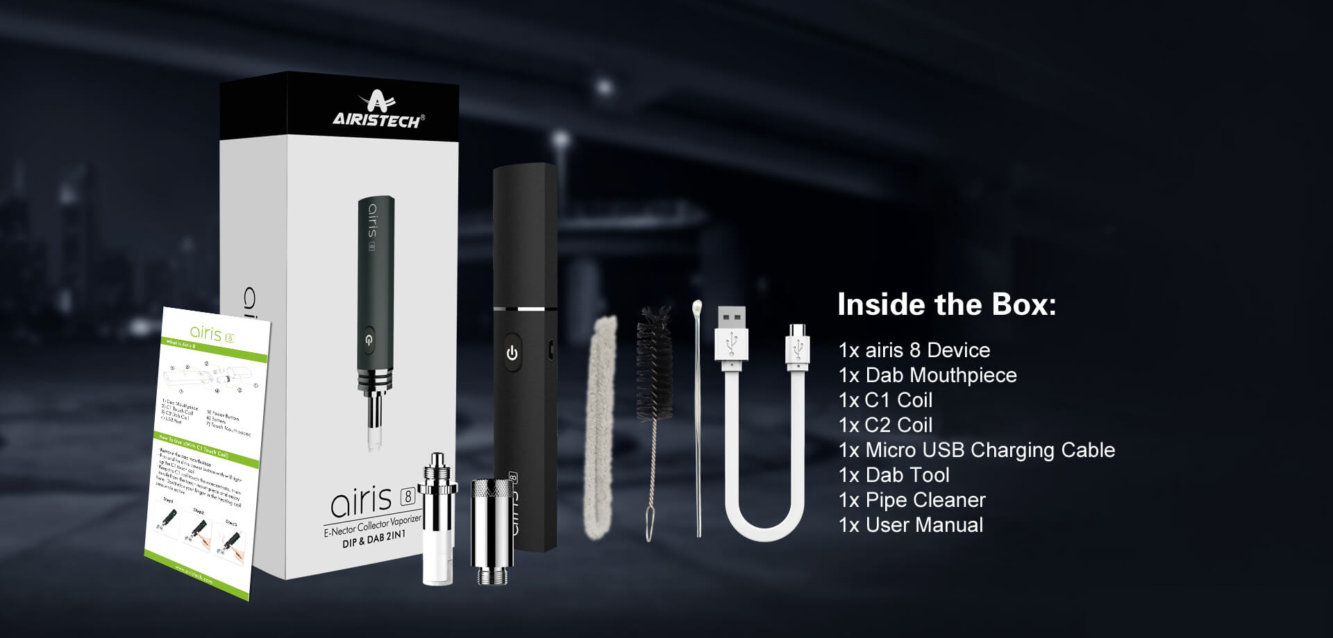 Airis 8 vaporizer packaging with product details and logo