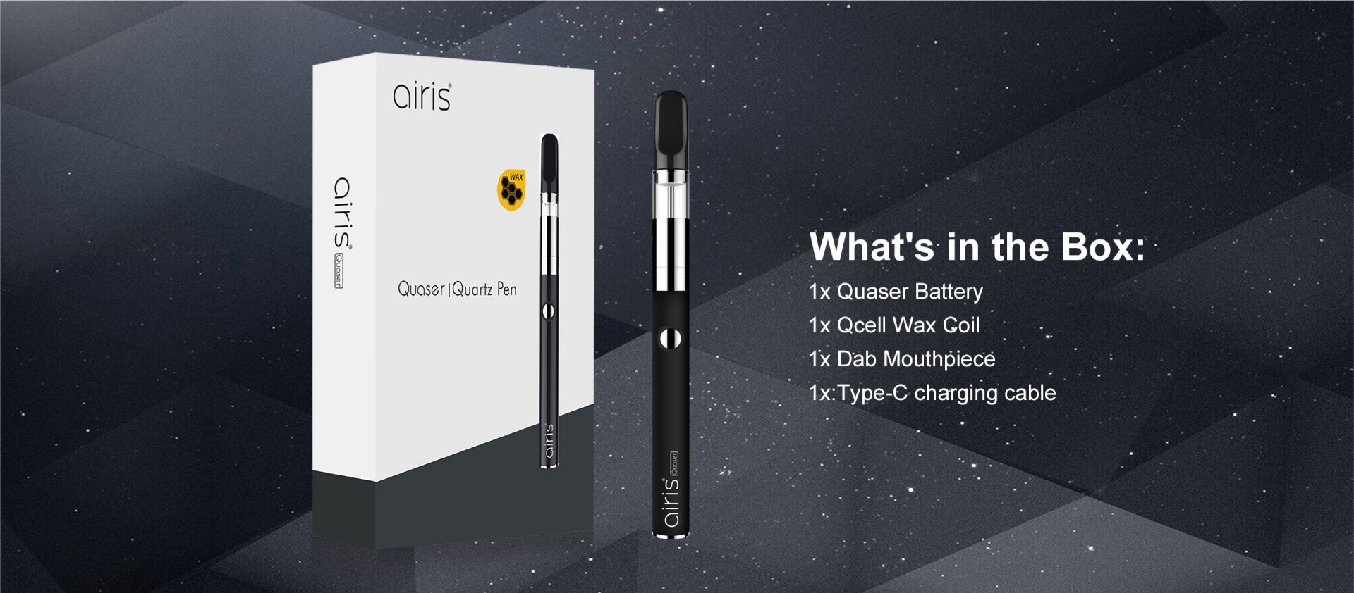 Airis Quaser vaporizer accessories including mouthpiece, charger, and user manual
