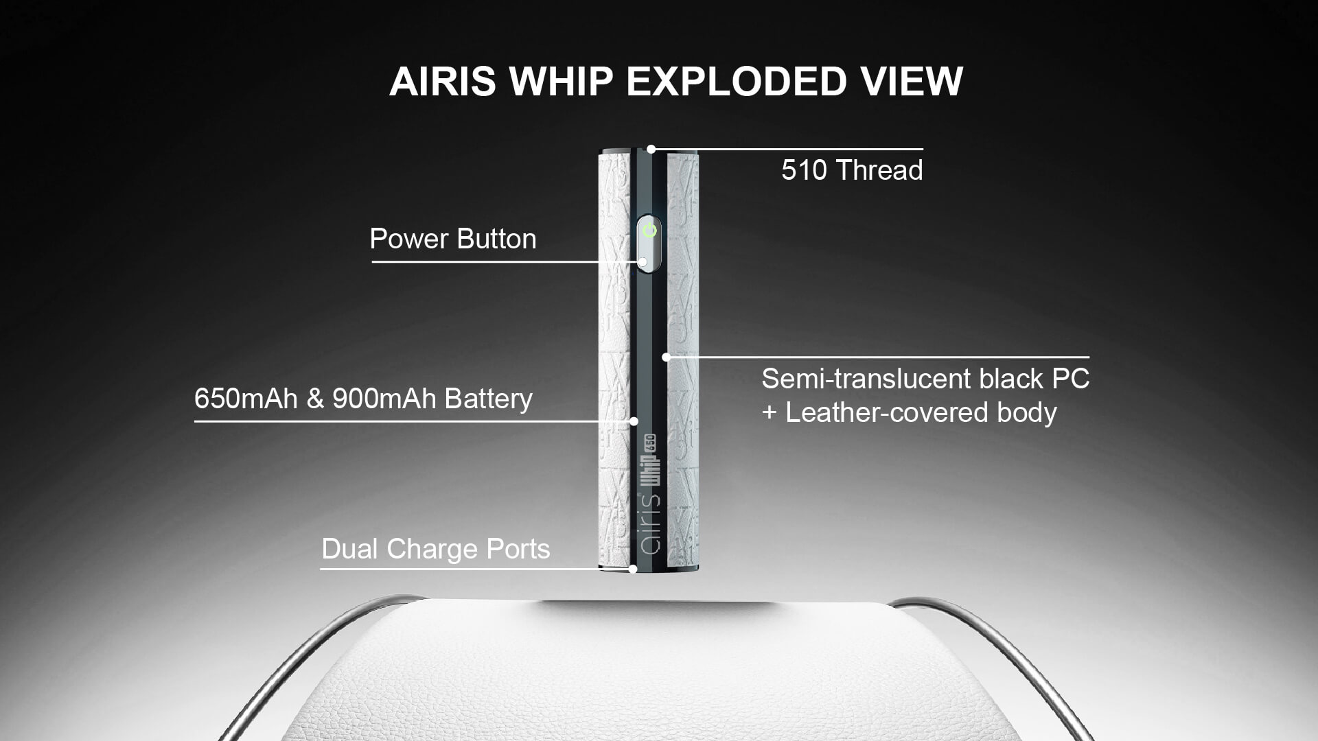 Airis Whip vaporizer accessories including mouthpiece, charger, and user manual