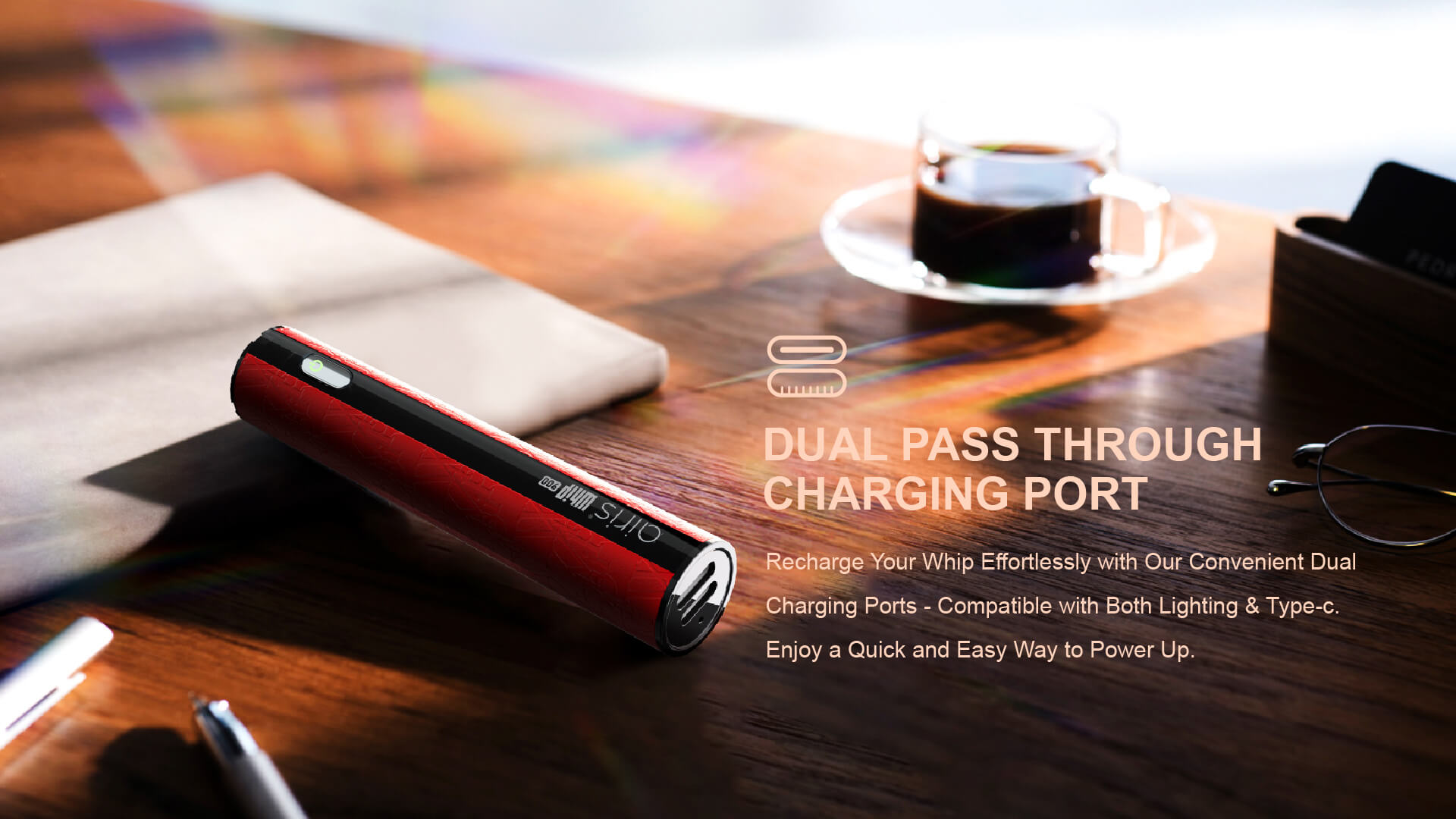 Airis Whip vaporizer showcasing its compact and portable design, ideal for easy travel