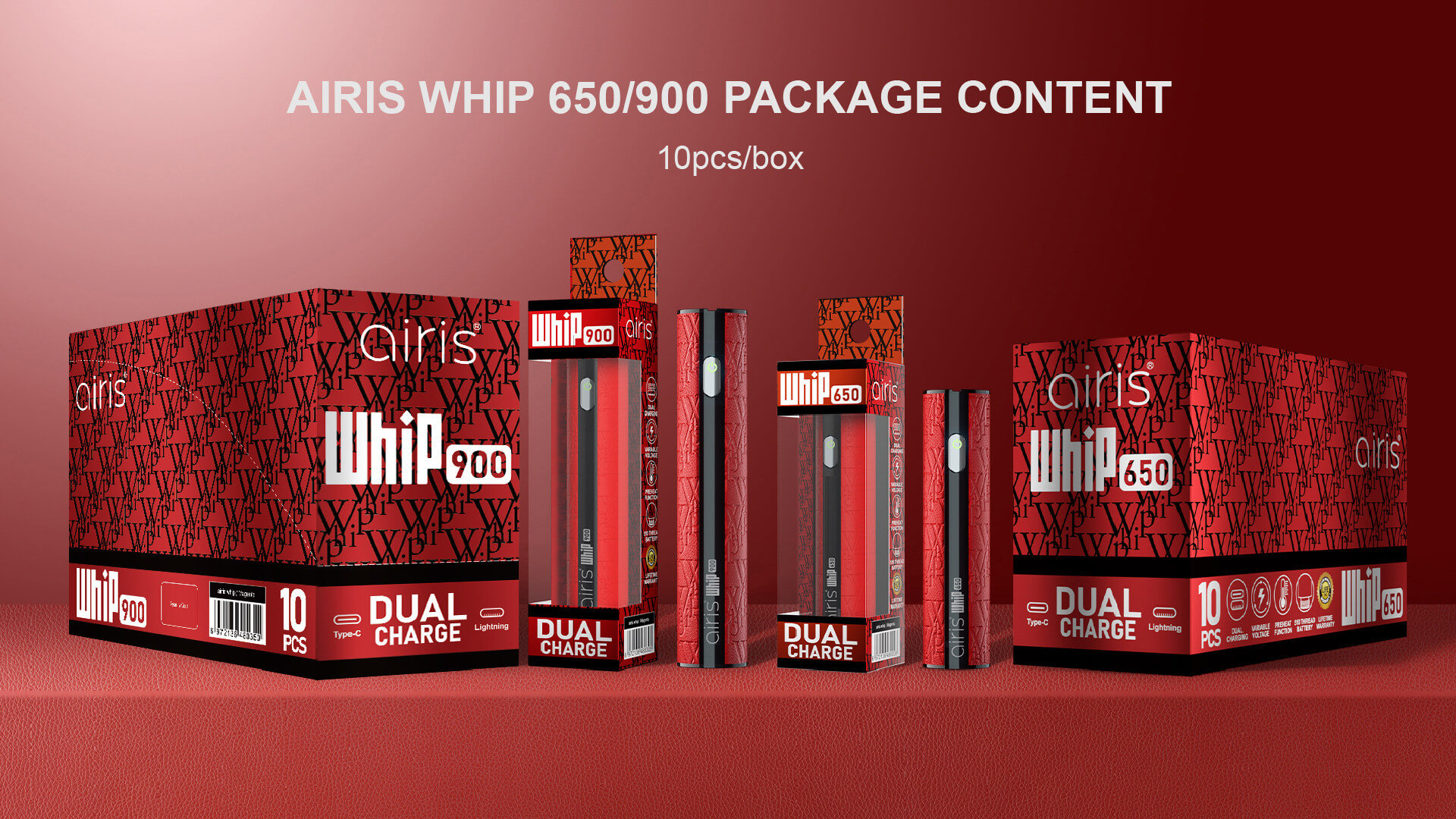 Airis Whip vaporizer packaging with product information and brand logo