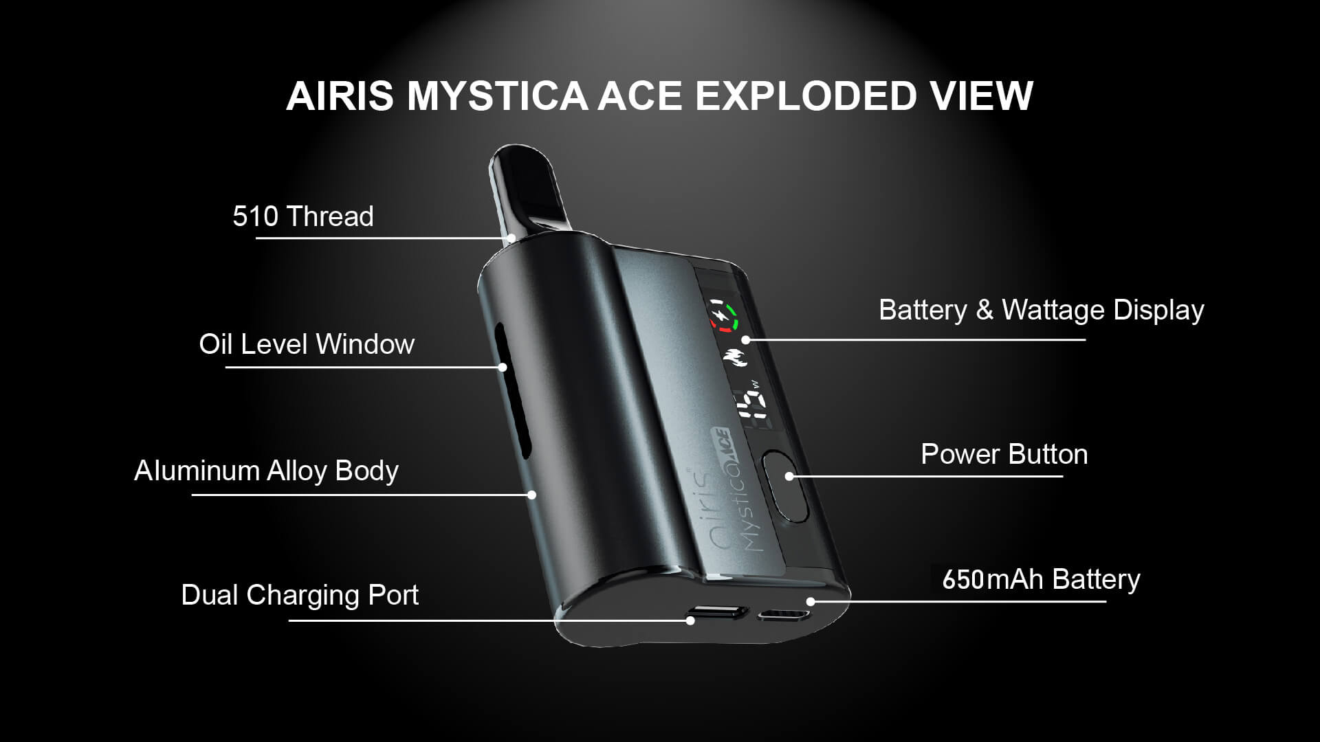 Close-up of Airis Mystica Ace vaporizer's ceramic heating chamber and intuitive temperature control