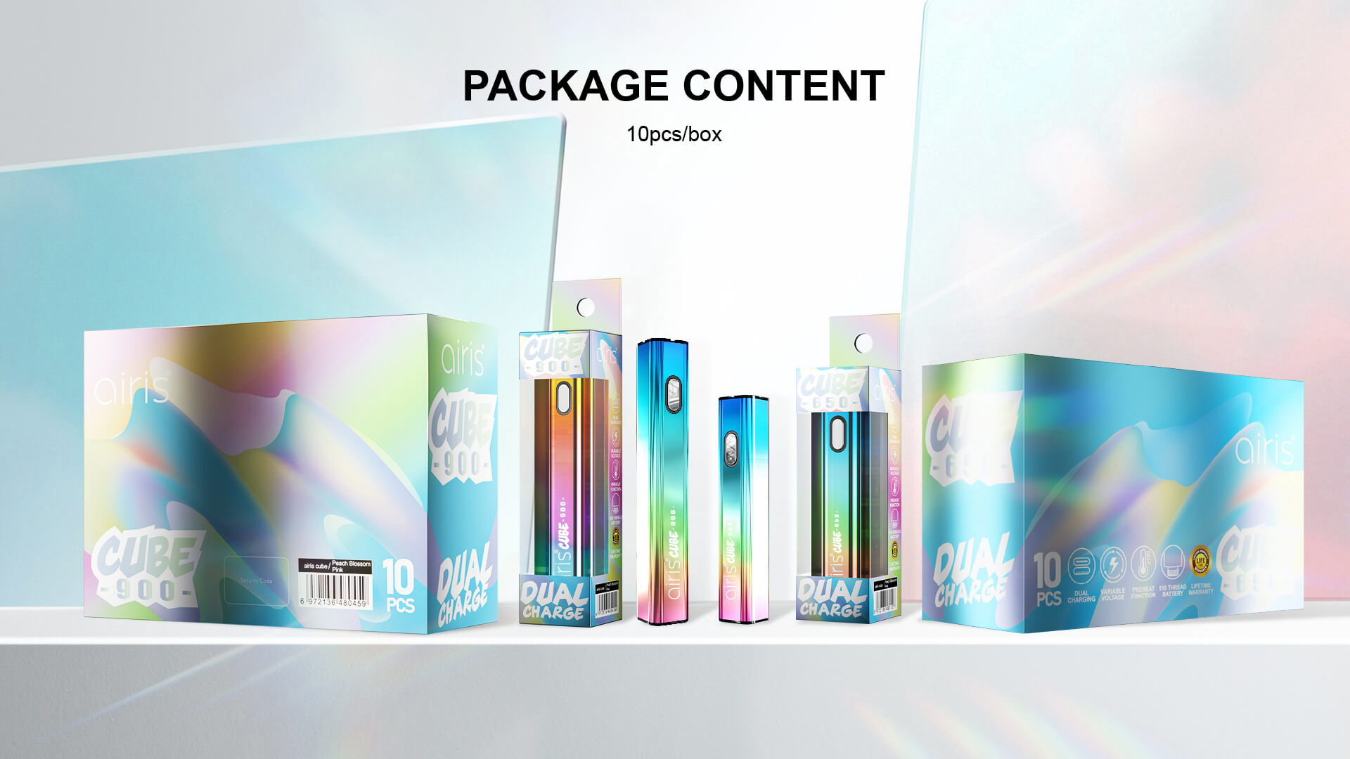 Airis Cube vaporizer packaging featuring product details and brand logo